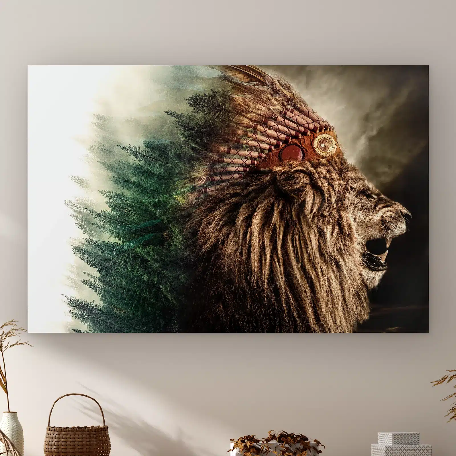 Native leeuw aan de muur boven een kast met een rieten mandje