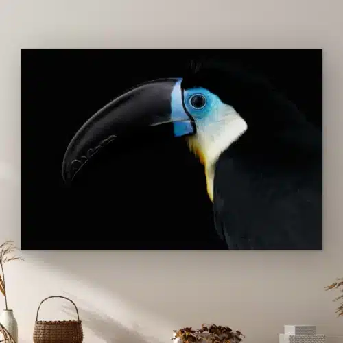 Blauwe toekan aan de muur boven een kast met een rieten mandje