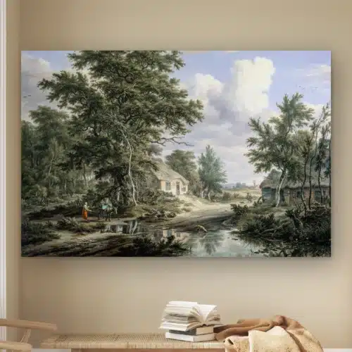 Boerderijen aan de rand van een bos van Egbert van Drielst aan de muur boven een houten bankje met boeken