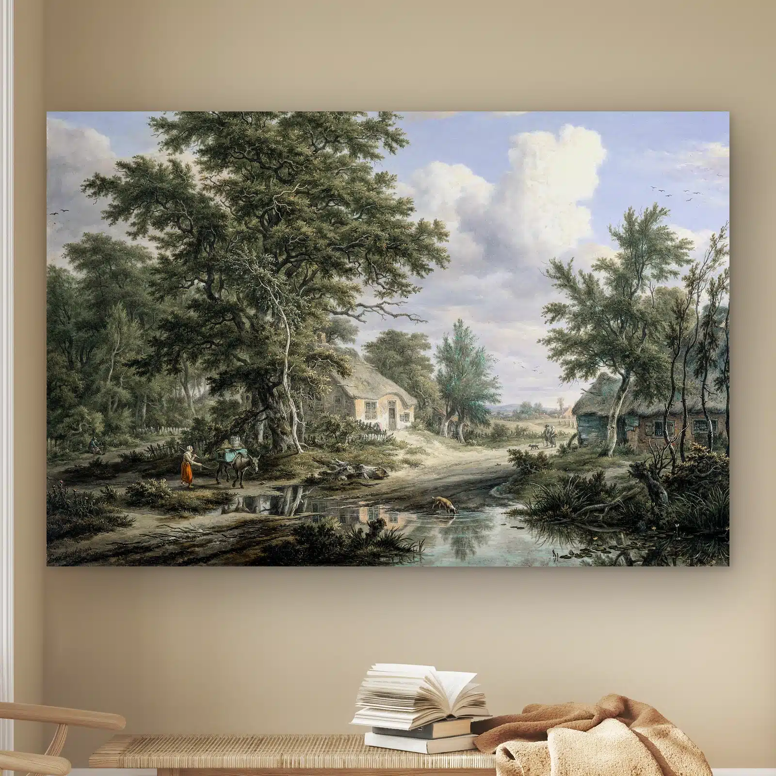 Boerderijen aan de rand van een bos van Egbert van Drielst aan de muur boven een houten bankje met boeken