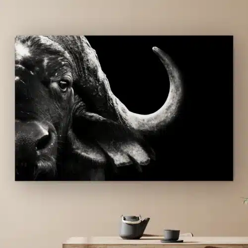 Buffel close-up aan de muur boven een houten tafel met theepot