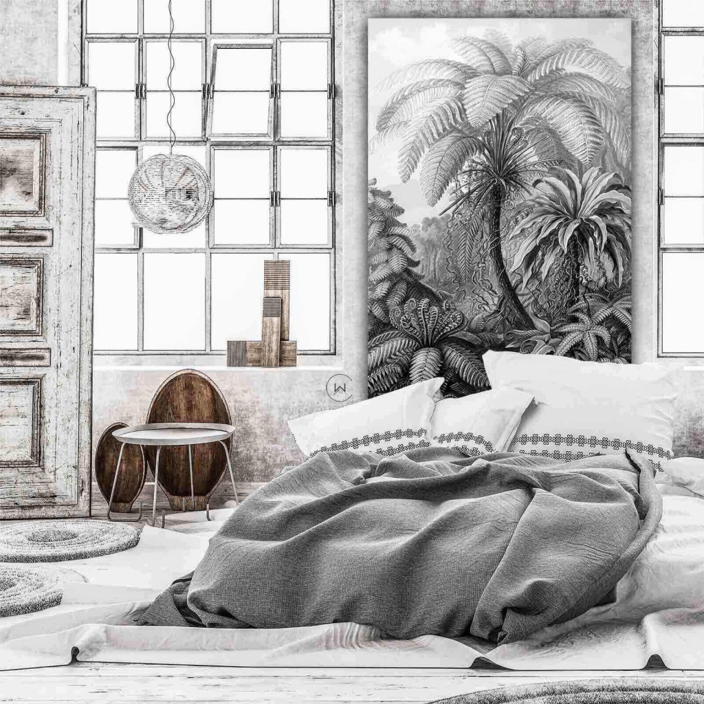 Filicinae zwart wit boven een bed met grijze sprei voor hoge stalen ramen