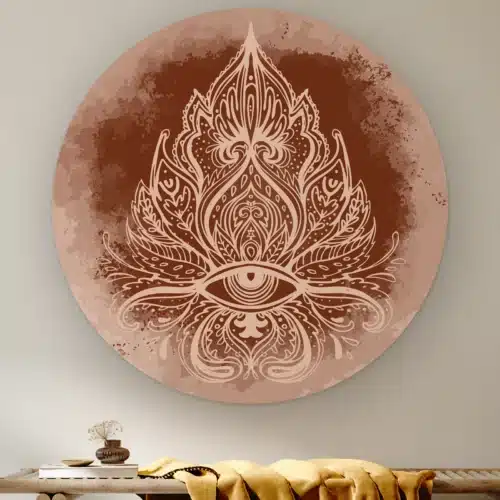 Muurcirkel Boho ornament aan de muur boven een houten bank met een okergele plaid
