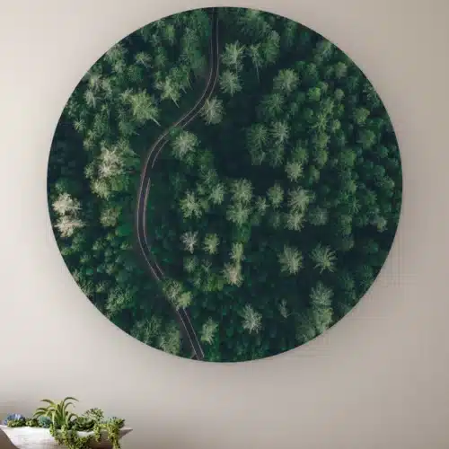 Muurcirkel De groene weg aan de muur boven een houten dressoir met planten