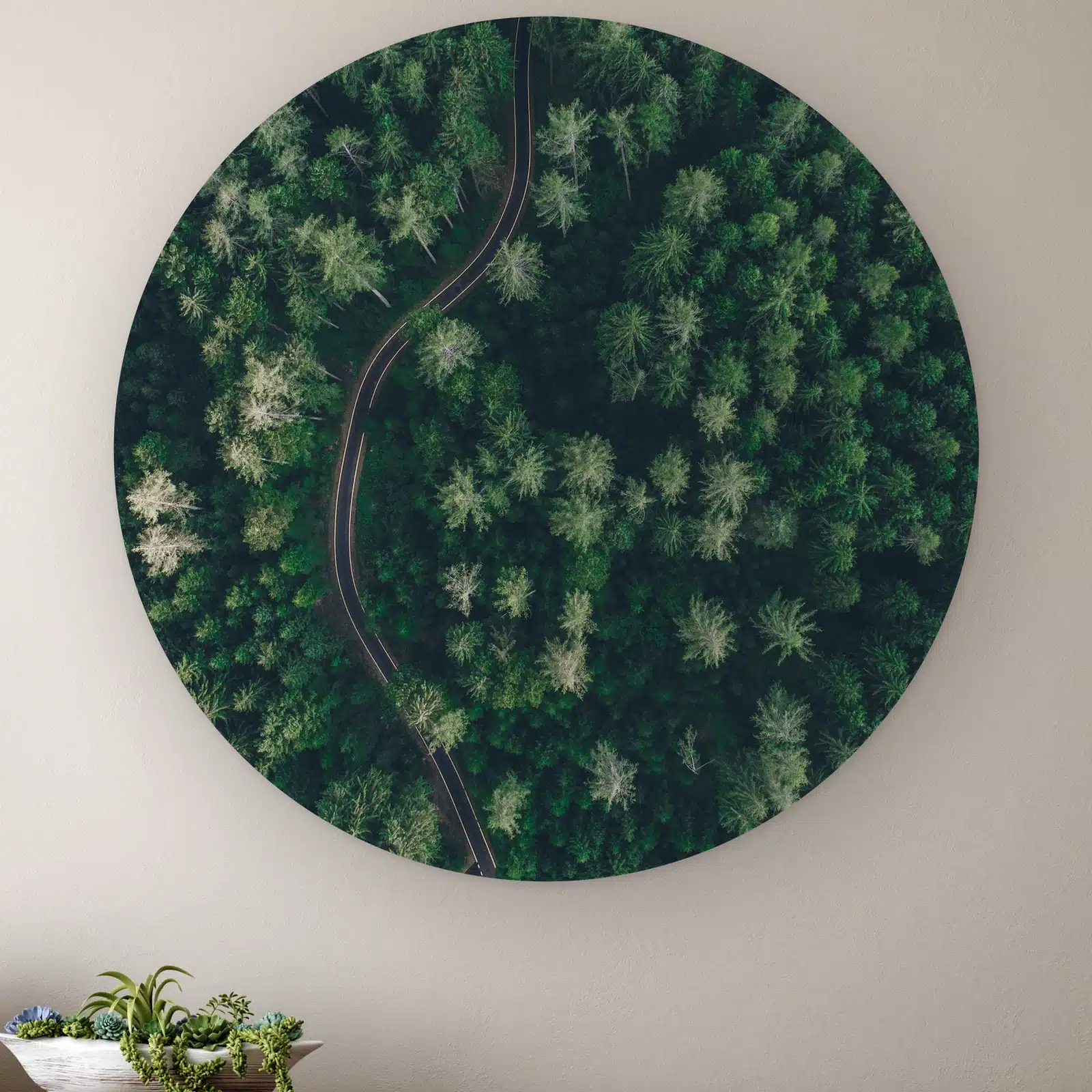 Muurcirkel De groene weg aan de muur boven een houten dressoir met planten