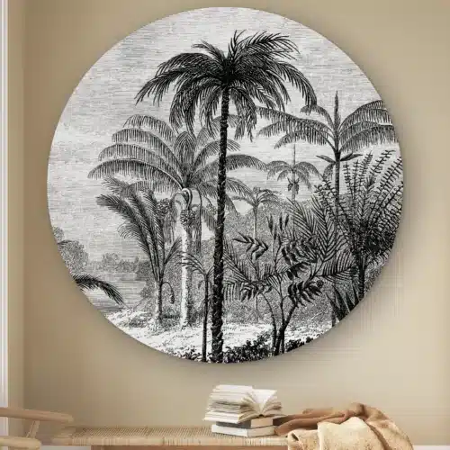 Muurcirkel Jungle palmen aan de muur boven een houten bankje met boeken