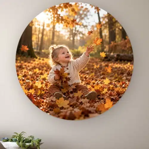Muurcirkel met eigen foto aan de muur boven een houten dressoir met planten