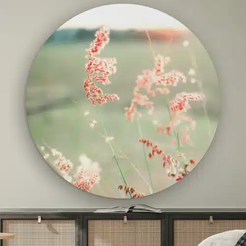 Muurcirkel Roze gras aan de muur boven een dressoir met rotan deurtjes