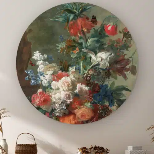 Muurcirkel Stilleven met bloemen - Jan van Huysum aan de muur boven een kast met een rieten mandje