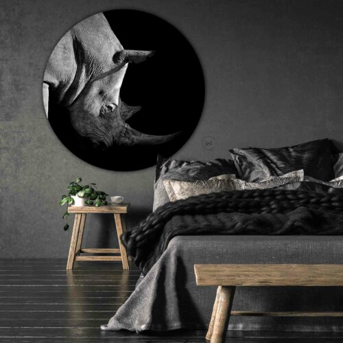 Zwart-witte neushoorn wanddecoratie slaapkamer