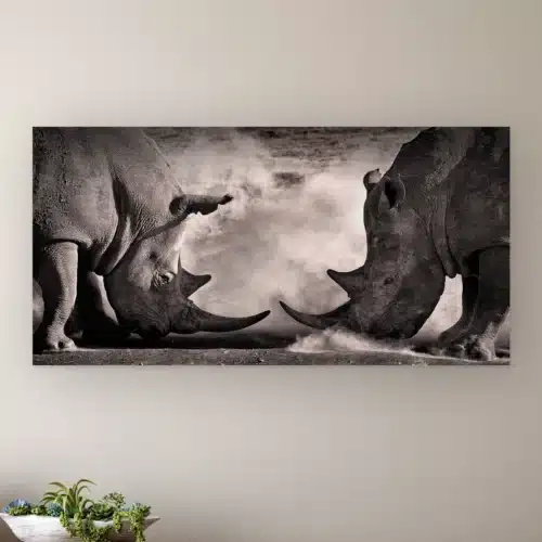 Neushoorn gevecht aan de muur boven een houten dressoir met planten
