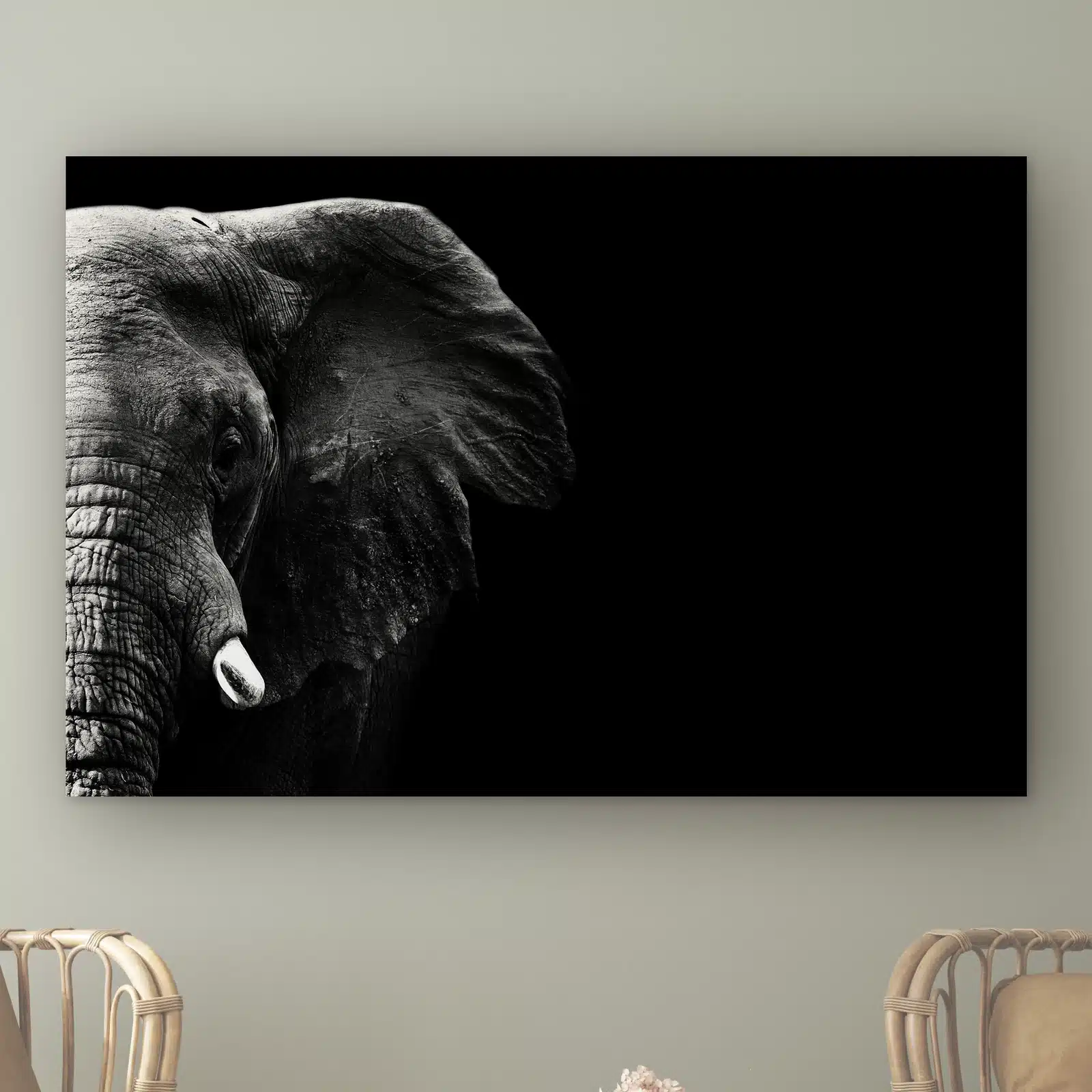 Olifant close-up aan de muur boven twee rotan stoelen