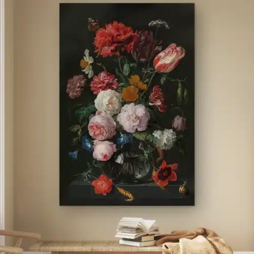 Stilleven met bloemen in een glazen vaas van Jan Davidsz. de Heem aan de muur boven een houten bankje met boeken