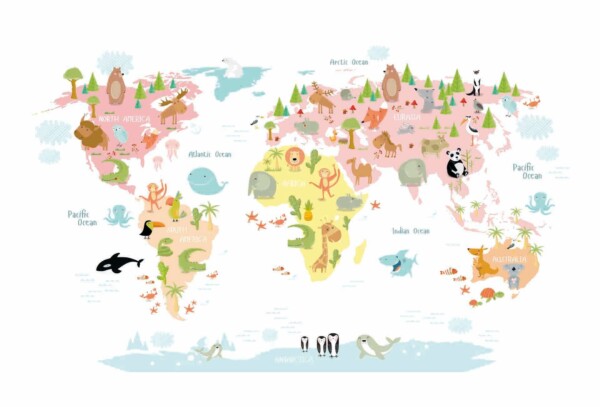 World Map Animals Pastel - wanddecoratie kinderkamer