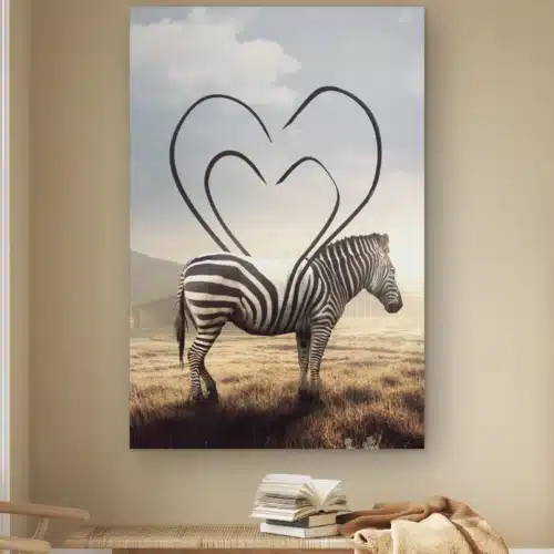 Zebra met hartstrepen aan de muur boven een houten bankje met boeken