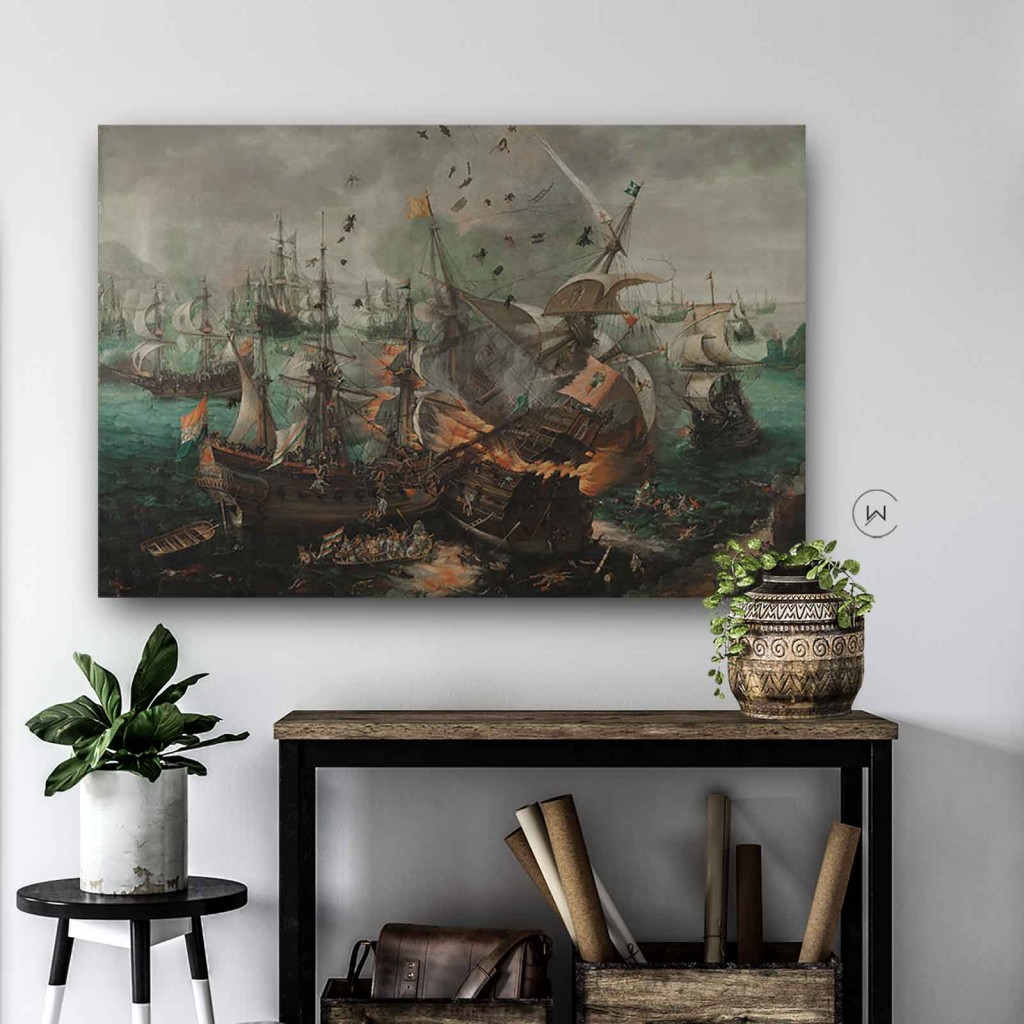 Slag bij Gibraltar aan een witte muur boven een zwart wandtafeltje met planten