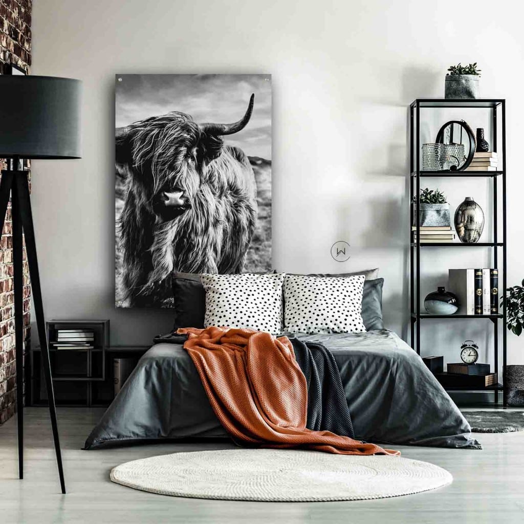 Schotse hooglander zwart wit boven een tweepersoonsbed met roestoranje plaid