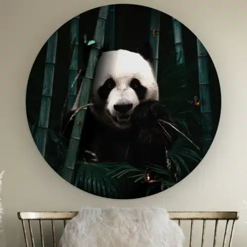 Muurcirkel Jungle panda aan de muur boven een houten bankje met schapenvacht