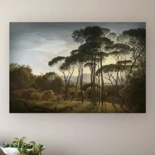 Italiaans landschap met parasoldennen van Hendrik Voogd aan de muur boven een houten dressoir met planten