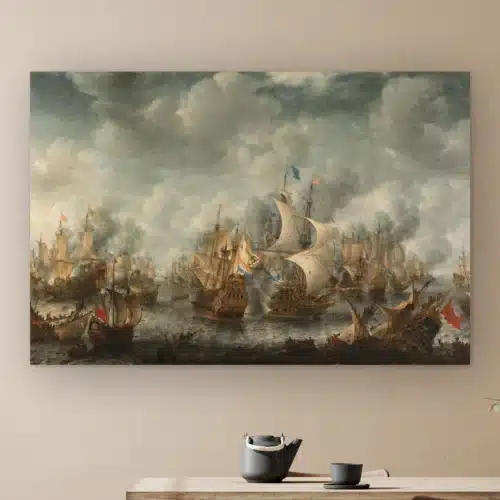Slag bij Terheide van Jan Abrahamsz aan de muur boven een houten tafel met theepot