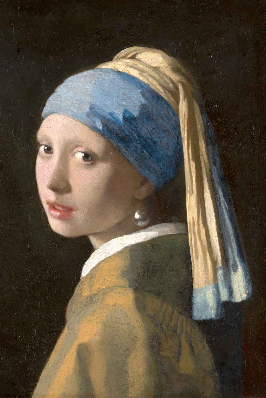 Het meisje met de parel: meisje met blauwe tulband en parel kijkt over haar schouder