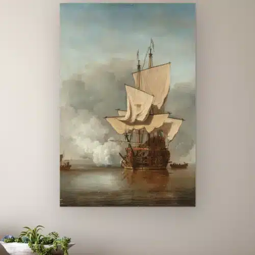 Het kanonschot van Willem van der Velde aan de muur boven een houten dressoir met planten