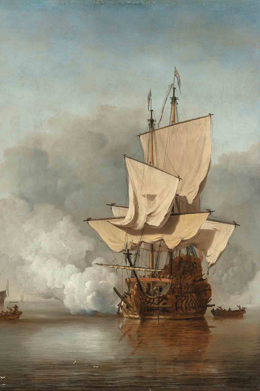 Het kanonschot: oorlogsschip met halfgevierde zeilen en een witte rookwolk op stil water