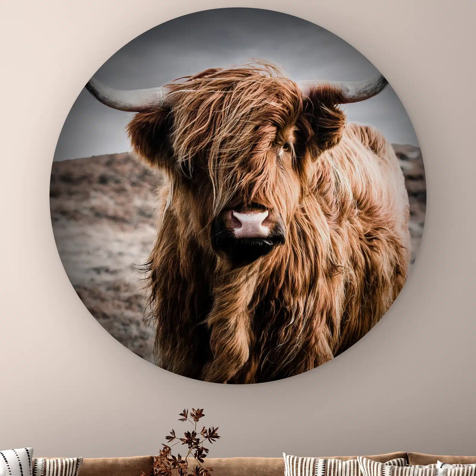 Landelijke wanddecoratie, muurcirkel met een Schotse hooglander in kleur boven een bank met gestreepte kussens