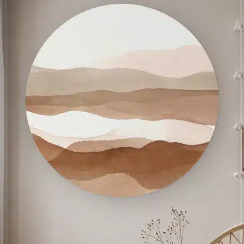 Muurcirkel Abstracte duinen aan de muur in een lichte kamer met droogbloemen