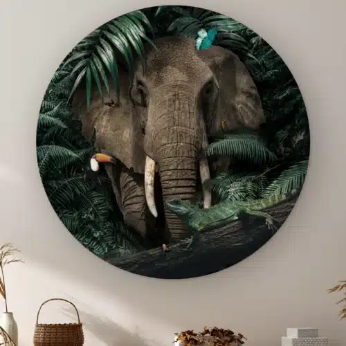 Muurcirkel Jungle olifant aan de muur boven een kast met een rieten mandje