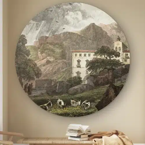 Muurcirkel Siciliaans huis aan de muur boven een houten bankje met boeken