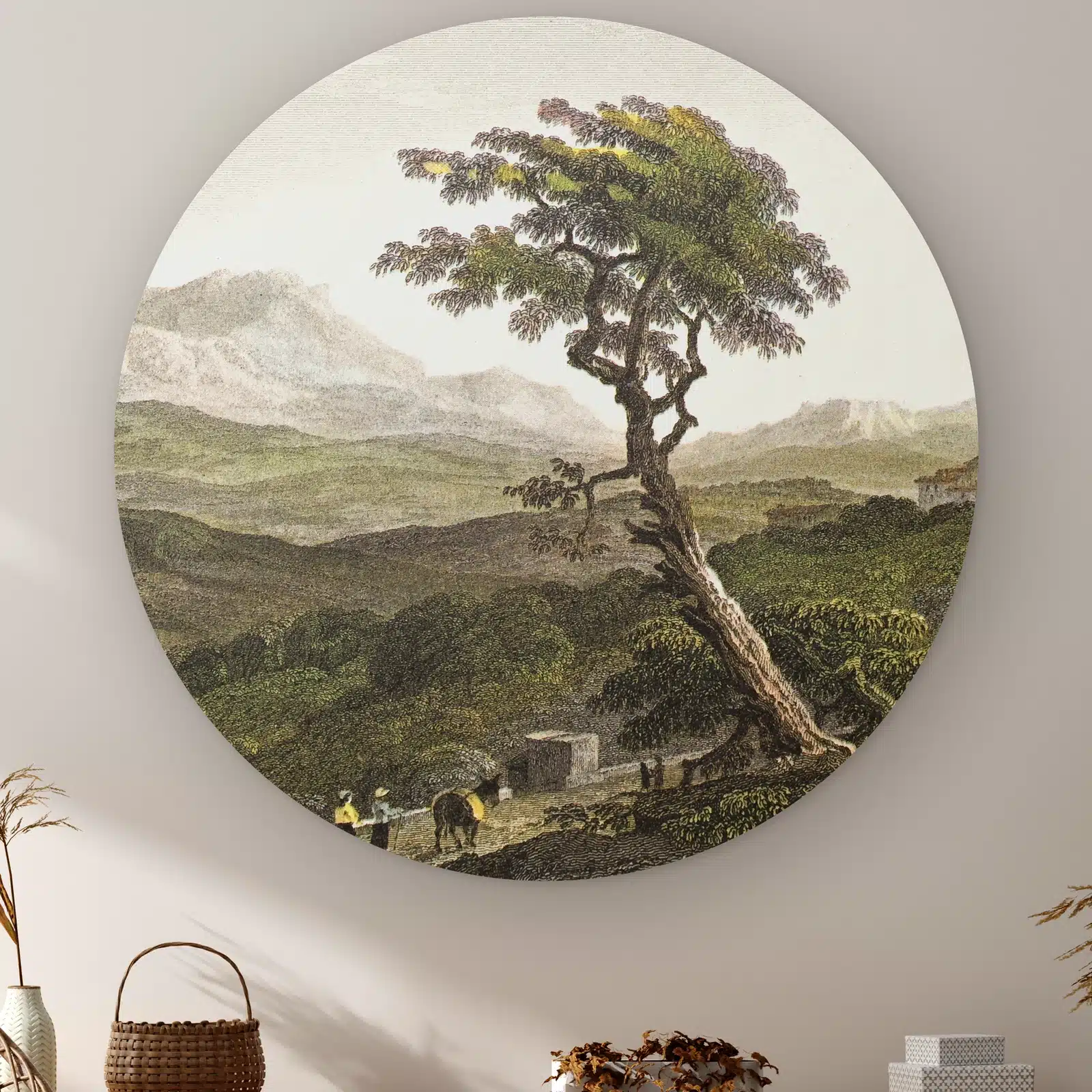 Muurcirkel Siciliaanse boom aan de muur boven een kast met een rieten mandje