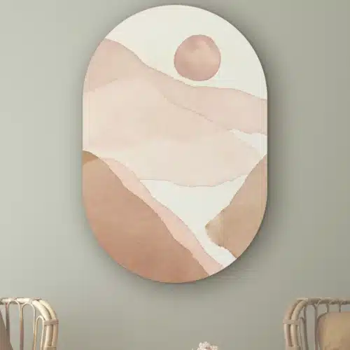 Muurovaal Abstracte bergvallei aan de muur boven twee rotan stoelen