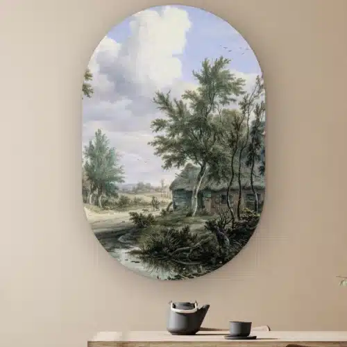 Muurovaal Boerderijen aan de rand van een bos 2 aan de muur boven een houten tafel met theepot