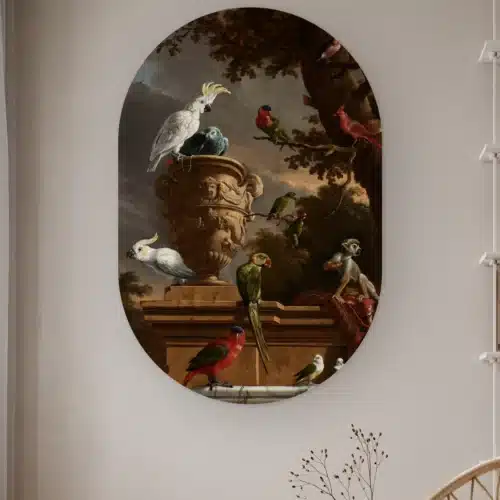 Muurovaal De Menagerie aan de muur in een lichte kamer met droogbloemen