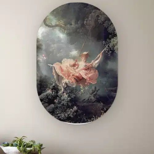 Muurovaal De Schommel aan de muur boven een houten dressoir met planten
