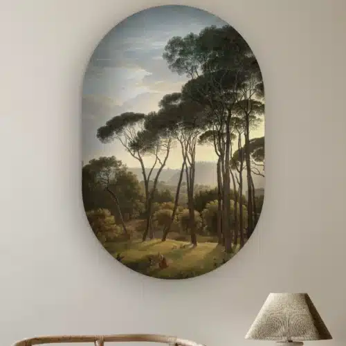 Muurovaal Italiaans landschap met parasoldennen aan de muur boven een rotan stoel en een tafellamp