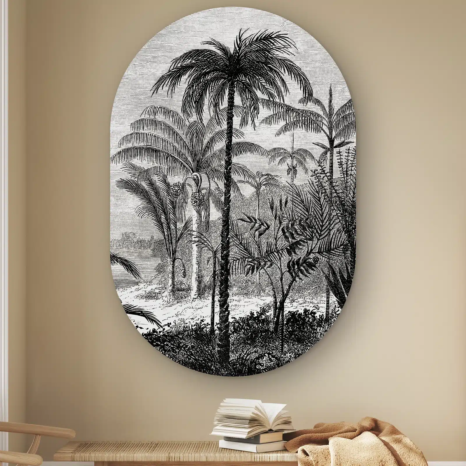 Muurovaal Jungle palmen aan de muur boven een houten bankje met boeken