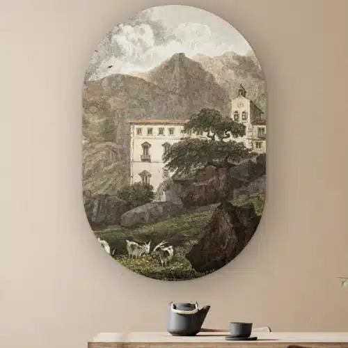 Muurovaal Siciliaans huis aan de muur boven een houten tafel met theepot
