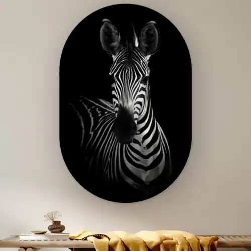 Muurovaal Zebra portret aan de muur boven een houten bank met een okergele plaid