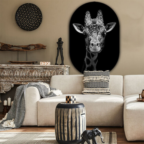 Zwart wit muurovaal giraffe in de woonkamer