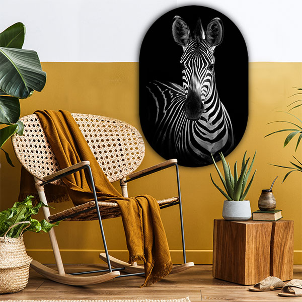 Zwart wit wanddecoratie combineren met geel interieur, zebra portrait