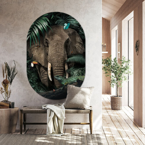 Botanische wanddecoratie, jungle olifant muurovaal