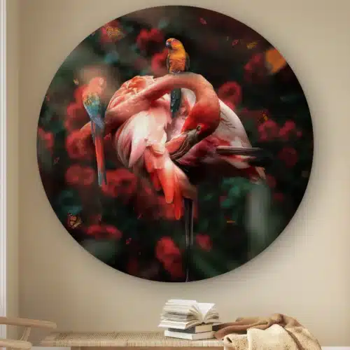 Muurcirkel Flamingo met rozen aan de muur boven een houten bankje met boeken