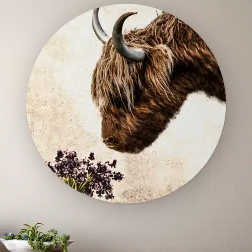 Muurcirkel Vintage hooglander aan de muur boven een houten dressoir met planten