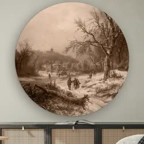 Muurcirkel Sneeuwlandschap aan de muur boven een dressoir met rotan deurtjes