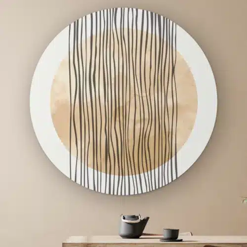 Muurcirkel Abstracte vallende strepen aan de muur boven een houten tafel met theepot