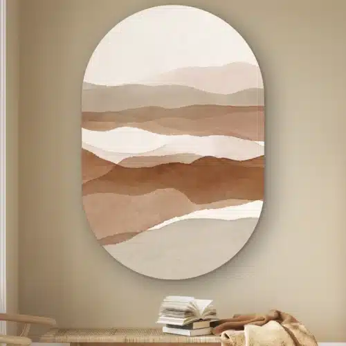 Muurovaal Abstracte duinen aan de muur boven een houten bankje met boeken