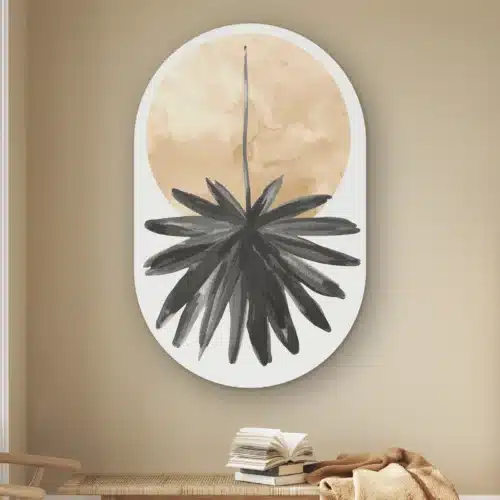 Muurovaal Abstracte hangende bloem aan de muur boven een houten bankje met boeken