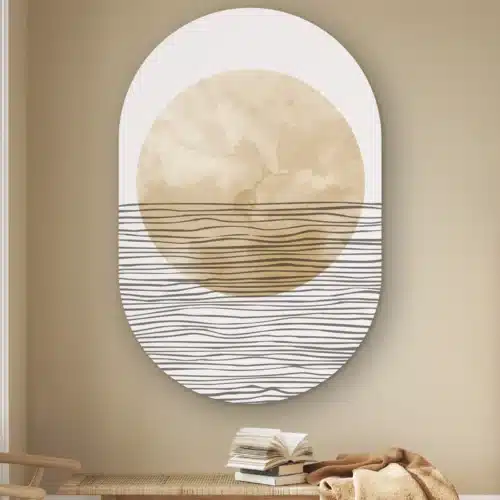 Muurovaal Abstracte horizonstrepen aan de muur boven een houten bankje met boeken